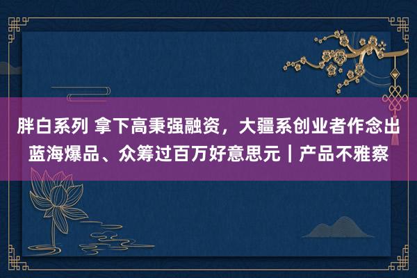 胖白系列 拿下高秉强融资，大疆系创业者作念出蓝海爆品、众筹过百万好意思元｜产品不雅察
